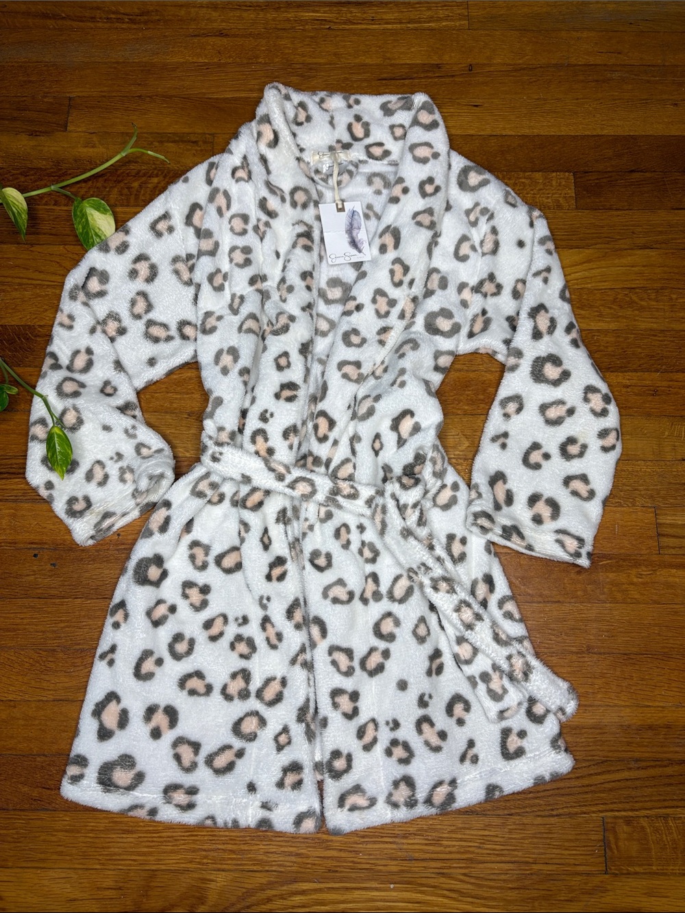 Jessica Simpson Kids Plush Leopard Robe - Cream, Pink & Gray